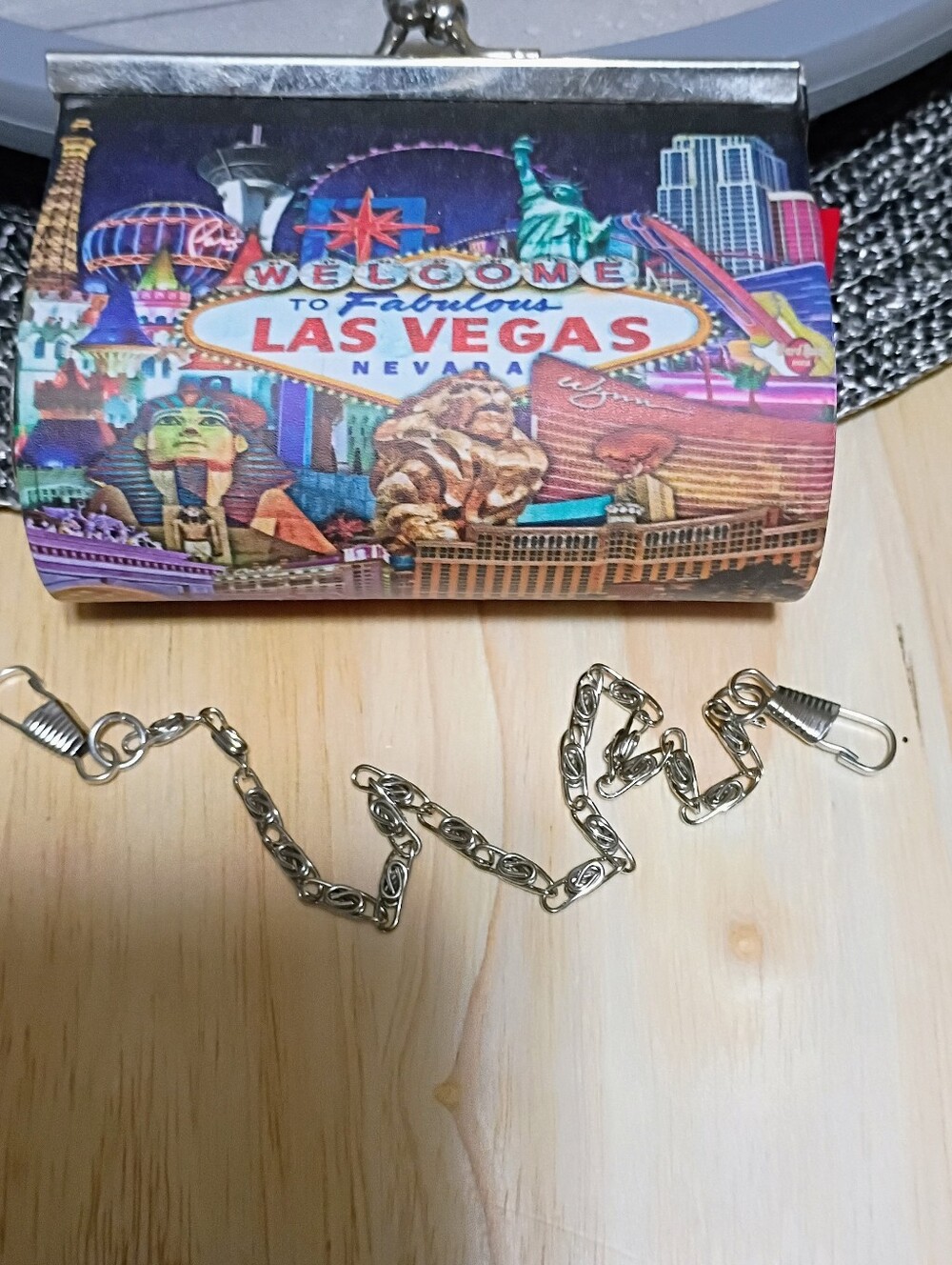 Las Vegas Graphic Coin Purse with Silver Chain - Colorful